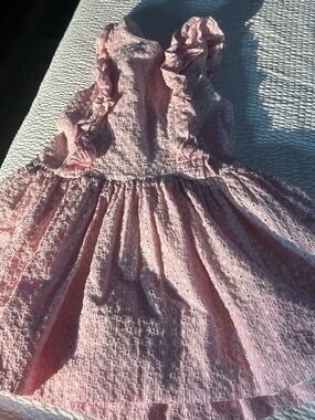 Girls Pink Ruffle Seersucker Dress by